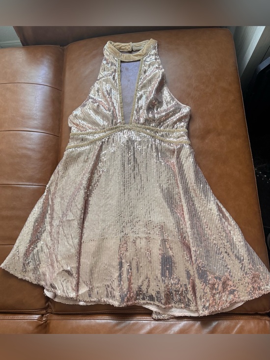 Free People Dresses & Skirts - Free People Rose Gold Sequin Halter Mini Size 6 Open Back Party Cocktail Dress